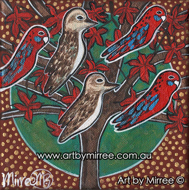 Kookaburra with Crimson Rosella Contemporary Aboriginal Art Original Painting by Mirree